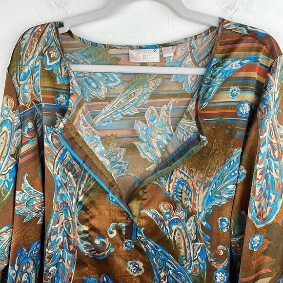 Belle Kim Gravel Pop over 1/4 button front Long Sleeves paisley silky texture 2X - Picture 4 of 13